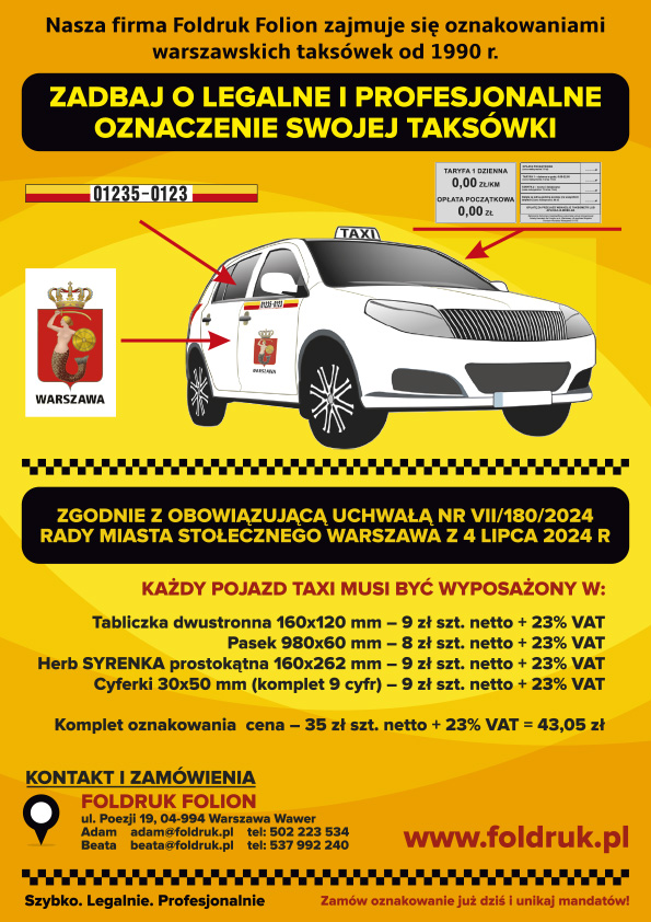 Legalne oznaczenie Warszawskich taksowek